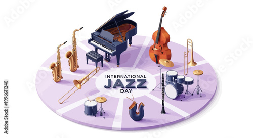 Isometric vector illustration displaying International Jazz Day with classic jazz instruments like saxophone, piano, double bass, and drums arranged on a lavender circular platform