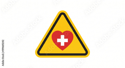 Health Hazard Warning Sign, A Yellow Triangle with a Red Border and a White Heart Symbol with a Red Cross Inside, Illustrating Medical Danger or Emergency Situations