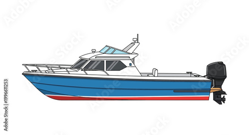 Modern Motor Boat Illustration, Outboard Engine, Nautical Vessel