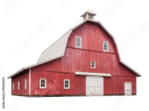 Cuadro en lienzo Traditional vibrant red barn with a white metal roof and sliding doors, isolated on a transparent background