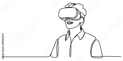 Continuous single line drawing of a man wearing a virtual reality headset exploring a digital world with excitement and modern technology Vector, illustration