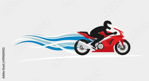 Red sport motorcycle with rider silhouette, speed lines, motion blur, vector illustration
