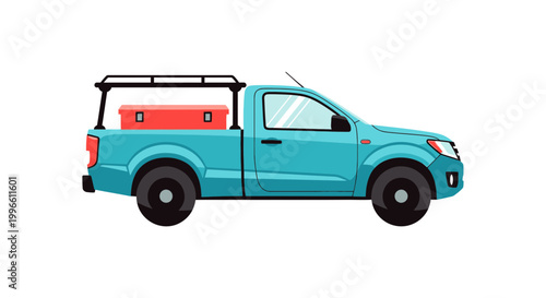 Turquoise Pickup Truck with Red Toolbox and Rack - Vector Illustration