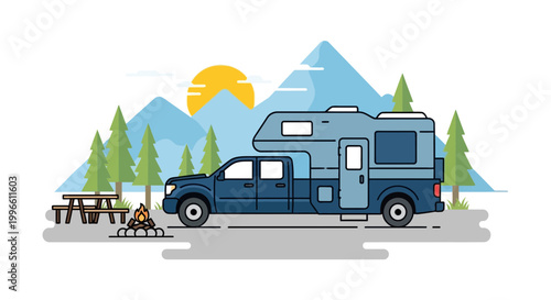Truck camper with campfire and mountains, flat design illustration