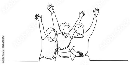 Group of happy friends with hands raised up in a continuous single line drawing style representing unity and celebration of success Vector, illustration