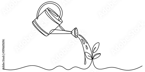 Continuous single line drawing of a metal watering can pouring water on a small green plant sprout in a garden for growth and nature concept Vector, illustration