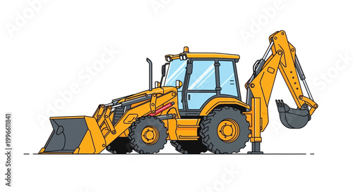 Yellow Backhoe Loader construction machine with front loader and excavator arm