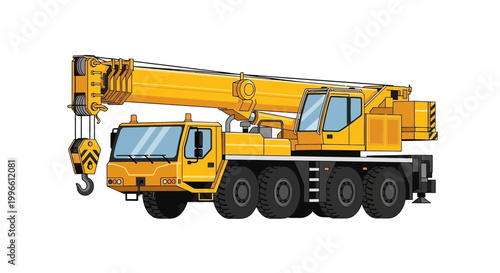 Yellow mobile crane truck with extended boom and hook, isolated on white background