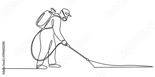 Continuous line drawing of a pest control worker wearing a protective suit and mask spraying pesticide with a heavy backpack tank Vector, illustration