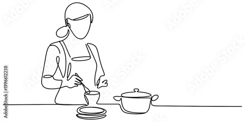 Continuous single line drawing of a woman wearing an apron cooking food in a pot in the kitchen for a healthy homemade meal concept Vector, illustration