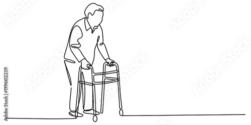 Continuous single line drawing of an elderly man walking with a mobility walker for help and support in his daily life activities Vector, illustration
