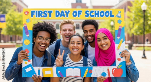 Happy students celebrating first day of school