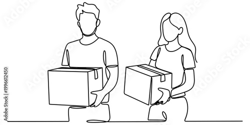 A young man and a woman holding cardboard delivery boxes in a simple continuous one line drawing style illustration for logistics Vector, illustration