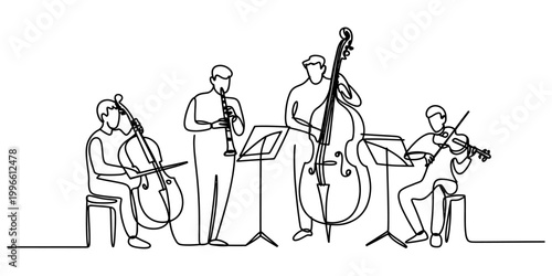 Continuous single line drawing of a small classical music ensemble playing cello clarinet double bass and violin instruments together Vector, illustration