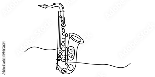 Continuous single line drawing of a saxophone musical instrument representing jazz music style with simple artistic black stroke Vector, illustration