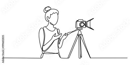 Young woman talking to camera on tripod for video blog recording in continuous single line drawing style vector illustration Vector, illustration