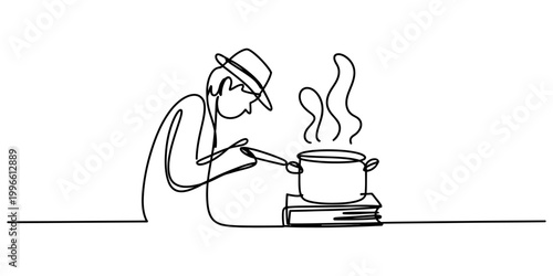 Continuous single line drawing of a person wearing a hat cooking food in a pot on a stove with steam rising up in a kitchen Vector, illustration