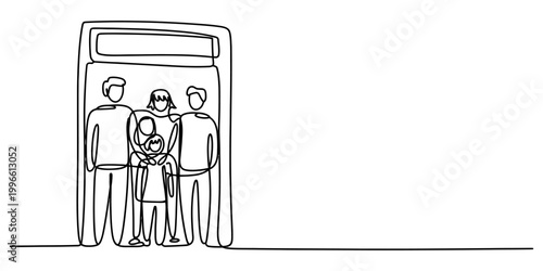 Continuous single line drawing of a happy family with parents and children standing together in a simple minimalist art style Vector, illustration