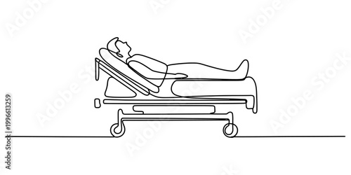 Continuous one line drawing of a patient resting on a medical hospital bed during recovery in a healthcare facility setting Vector, illustration