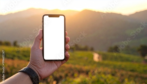 Hand holding smartphone with blank screen.