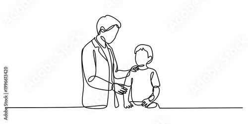 Continuous line drawing of a friendly doctor examining a young boy patient in a medical clinic office setting for healthcare concept Vector, illustration