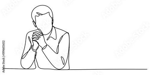 Continuous single line drawing of a thoughtful man sitting with hands clasped together in a calm and focused posture Vector, illustration