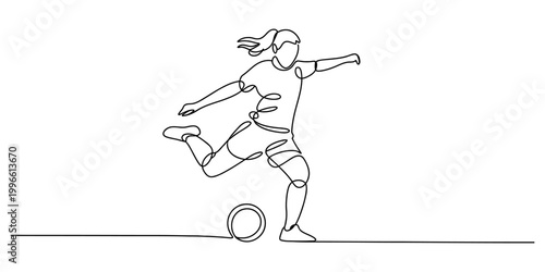 Continuous single line drawing of a female soccer player kicking a ball during a professional football match sport activity illustration Vector, illustration