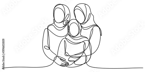 Continuous single line drawing of a happy muslim mother with her two children wearing hijab headscarf in a minimalist artistic style Vector, illustration