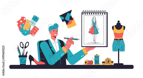 Fashion Designer At Work Creating Sketches.