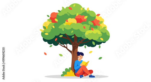 Boy sitting under a tree reading.