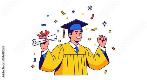 Young man in graduation gown celebrating.