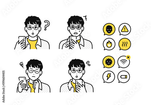 スマートフォンを持つ眼鏡をかけた男子学生とスマホトラブルの通知アイコンセット