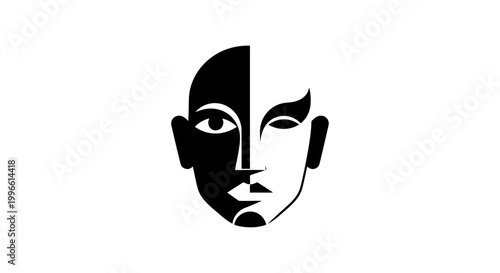 Abstract Face Illustration, Black and White, Split Personality, Duality Concept