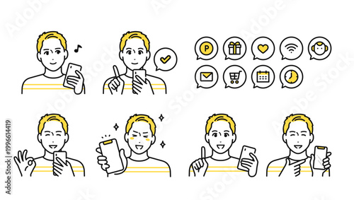 スマートフォンを持つTシャツ姿の若い男性と通知アイコンセット