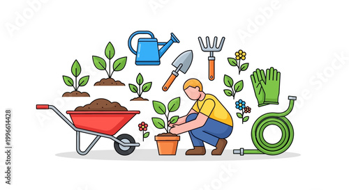 Man Planting Green Leafy Small Potted Plant.