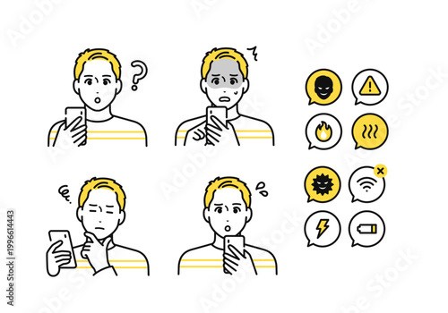 スマートフォンを持つTシャツ姿の若い男性とスマホトラブルの通知アイコンセット