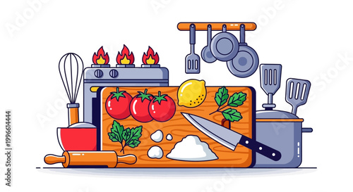 Kitchen Utensils and Fresh Vegetable Ingredients.