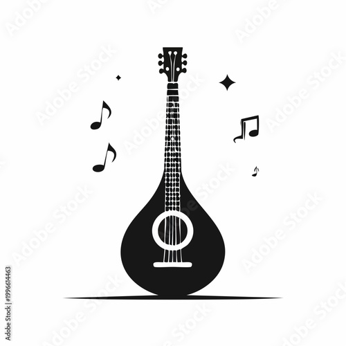 Black Silhouette of a Mandolin with Musical Notes