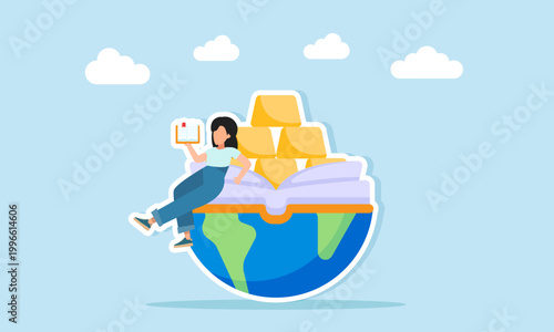 woman reading book near open book and gold stacks on half globe illustration of learning how to invest business assets correctly