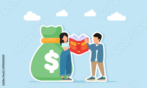 man and woman reading books near large money bag illustration of learning how to manage business finances effectively and correctly