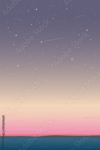 Starry sky and ocean, sunset background in beautiful gradient colors, pink sky illustration.