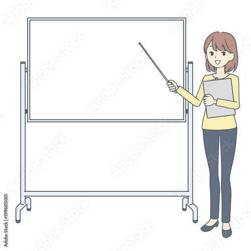 ホワイトボードの前に立つ、指示棒を持った黄色い服を着た若い女性のイラスト