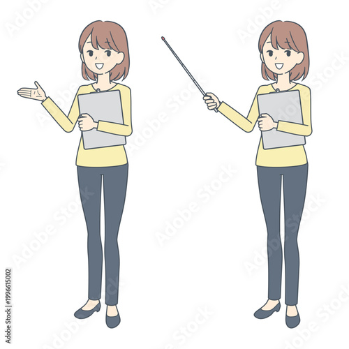 クリップボードを持って話す若い女性のイラスト　2種