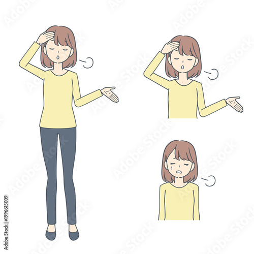 呆れてため息をつく若い女性のイラスト　セット