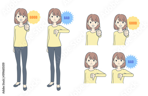 サムズアップとサムズダウンをする若い女性のイラストセット