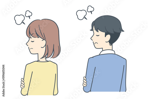 背を向けてそっぽを向き、怒る若い男女のイラスト