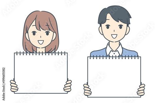 フリップを持ち、笑顔を見せる若い男女のイラスト