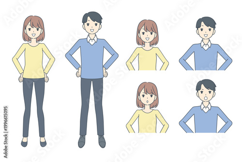 腰に手を当てて仁王立ちする若い男女のイラストセット