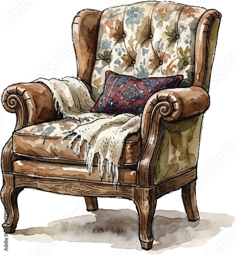 vintage floral leather armchair handdrawn rustic watercolor illustraiton clipart  vector art