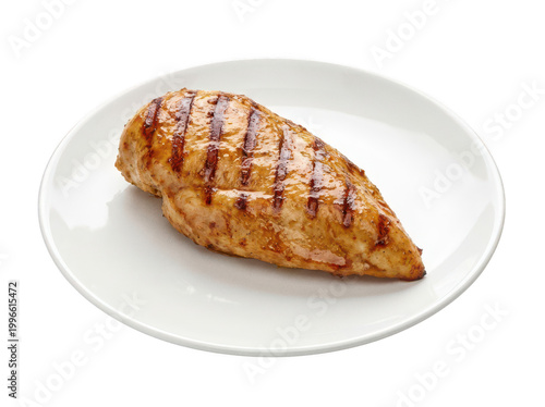 Fotografie Succulent grilled chicken breast with visible grill marks on a white plate isola